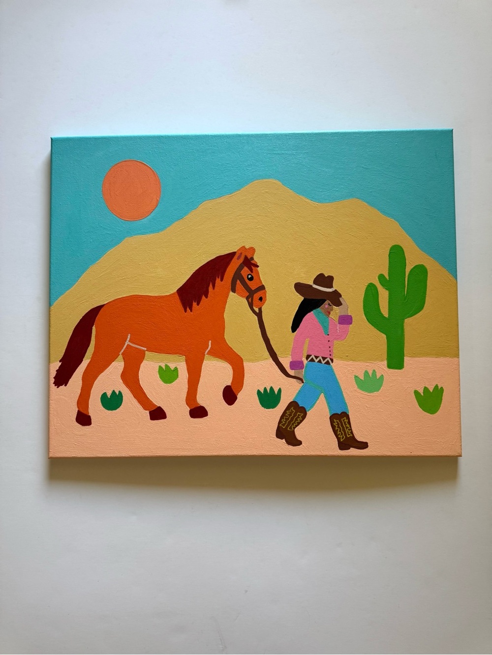 Southwestern cowgirl and Horse in Turquoise, Orange, Pink